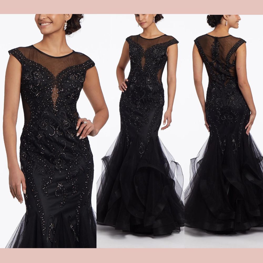 NWT$380 Camille La Vie [ 8 ] Embroidered Illusion Cap Sleeve Mermaid Dress Black